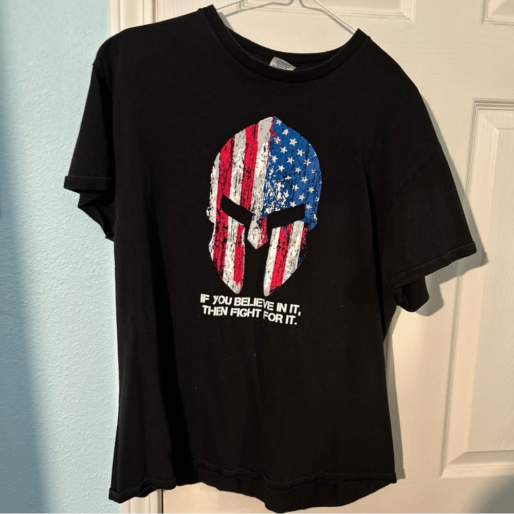 Delta Pro Weight Black Tee with Blue and Red Graphic